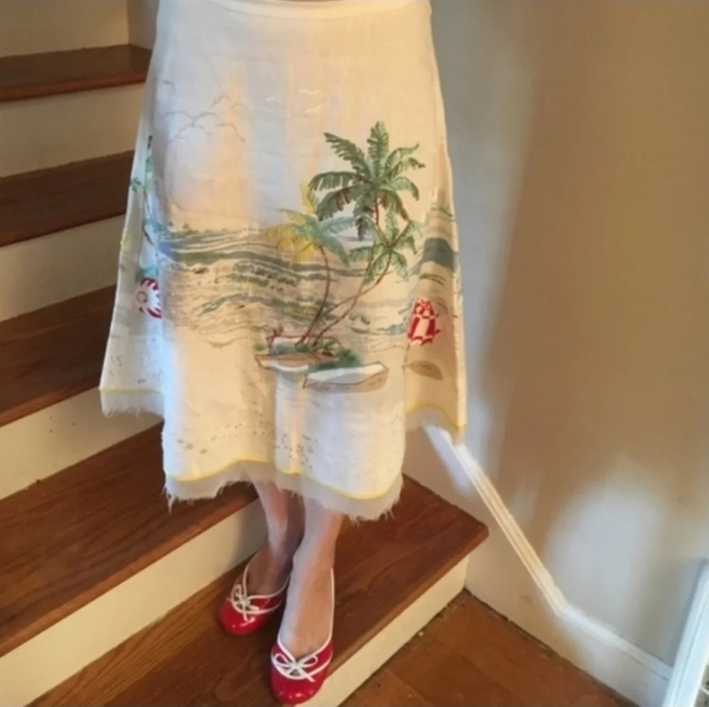 J. CREW Vintage Beach Scene Postcard Print Collectible Ecru Linen Skirt S RARE - Picture 3 of 12